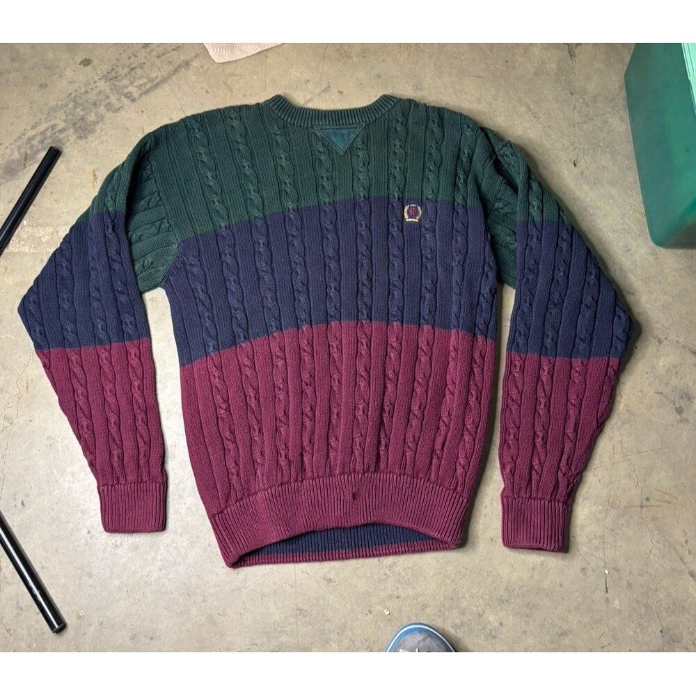 Vintage 90s Tommy Hilfiger Crest Color Block Striped Sweater Size L Cable Knit